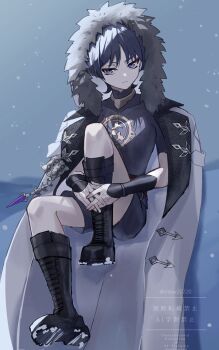 1boy aiguillette armor black_boots black_hair black_shirt black_shorts black_sleeves blunt_ends boots choppy_bangs closed_mouth coat covered_collarbone expressionless eyeliner eyeshadow fatui_coat fatui_logo full_body fur-trimmed_coat fur-trimmed_hood fur_trim gem genshin_impact gold grey_background half-closed_eyes hands_on_own_leg highres hood hood_up hooded_coat interlocked_fingers japanese_armor jewelry knee_boots knee_up kote kurokote lace-up_boots lapels looking_at_viewer makeup male_focus mitsudomoe_(shape) neck_ring o-ring outdoors own_hands_together purple_eyes purple_gemstone red_eyeliner red_eyeshadow red_sash sash scaramouche_(genshin_impact) shirt short_sleeves shorts sitting snow20200 snowing solo tomoe_(symbol) tsurime twitter_username watermark white_coat