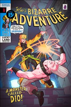 2022 2boys backhand bernhard_binder black_nails blonde_hair character_name clenched_teeth comic_cover_redraw copyright_name covered_abs derivative_work dio_brando dog earrings english_text fangs fingernails green_lips grey_hair headband highres iggy_(jojo) jacket jean_pierre_polnareff jewelry jojo_no_kimyou_na_bouken male_focus marvel multiple_boys nail_polish netflix parody pointy_boots sharp_fingernails signature slapping spider-man_(series) stardust_crusaders teeth yellow_jacket