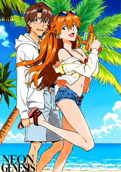 1boy 1girl absurdres aida_kensuke beach blue_eyes breasts brown_eyes brown_hair cleavage day evangelion:_3.0+1.0_thrice_upon_a_time glasses grin hair_between_eyes highres hood hood_down legs long_hair looking_at_another midriff navel neon_genesis_evangelion non-web_source open_mouth palm_tree rebuild_of_evangelion revision shorts smile souryuu_asuka_langley standing sunglasses third-party_edit tree water_gun
