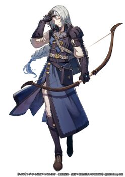 1boy albino armor bag bead_necklace beads black_armor black_gloves blue_coat blue_gemstone boots bow_(weapon) braid coat earrings fantasy gem gloves grey_hair hand_on_own_forehead highres holding holding_bow_(weapon) holding_weapon jewelry kuroi_susumu long_hair long_sleeves necklace official_art red_eyes satchel shoulder_armor single_arm_guard single_braid sword_world sword_world_2.5 weapon white_sleeves