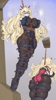 1girl absurdres ameng_(katena1990) arms_behind_back barghest_(fate) bdsm blonde_hair bodystocking bondage bound breasts crotch_rope curvy fate/grand_order fate_(series) gag hanged heterochromia highres immobilization large_breasts long_hair multiple_views sex_toy shibari shibari_over_clothes skindentation vibrator