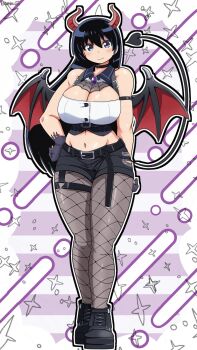 1girl arato_nagi bambi2000line bare_shoulders black_eyes black_hair breasts cleavage cleavage_cutout clothing_cutout commentary_request demon_horns demon_tail demon_wings denim denim_shorts fishnets gem highres horns jewelry large_breasts long_hair looking_at_viewer midriff navel official_alternate_costume red_horns ruri_no_houseki shorts standing tail wings