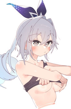 1girl arms_up bare_shoulders black_tank_top blush brown_eyes closed_mouth clothes_lift cropped_torso greyscale hair_intakes hair_ribbon highres honkai:_star_rail honkai_(series) lifting_own_clothes looking_at_viewer monochrome purple_ribbon rasusurasu ribbon shirt_lift side_ponytail silver_wolf_(honkai:_star_rail) solo tank_top undressing upper_body