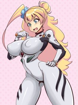 1girl ayanami_rei ayanami_rei_(cosplay) blonde_hair blue_eyes blush bodysuit breasts cosplay galko hand_on_own_hip highres konaloid neon_genesis_evangelion oshiete!_galko-chan skin_tight solo white_bodysuit