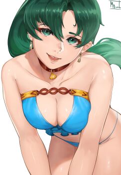 1girl absurdres all_fours alternate_costume bare_arms bare_shoulders bent_over bikini blue_bikini breasts choker cleavage collarbone commentary earrings fire_emblem fire_emblem:_the_blazing_blade green_eyes green_hair highres jewelry long_hair looking_at_viewer lyn_(fire_emblem) lyn_(lady_of_the_beach)_(fire_emblem) magdalenus27 medium_breasts midriff nintendo official_alternate_costume open_mouth ponytail shell smile solo swimsuit thighs white_background