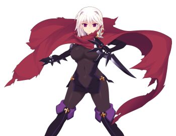 1girl arisia_hellioxenes bodysuit boots braid breasts cape covered_navel dual_wielding flower game_cg gloves hair_ornament holding holding_weapon knife kourin_tenshi_en_ciel_rena large_breasts large_variant_set looking_at_viewer non-web_source official_art red_eyes saitou_natsuki short_hair smile solo suhamaya thigh_boots thighhighs torn_cape torn_clothes transparent_background variant_set weapon white_hair