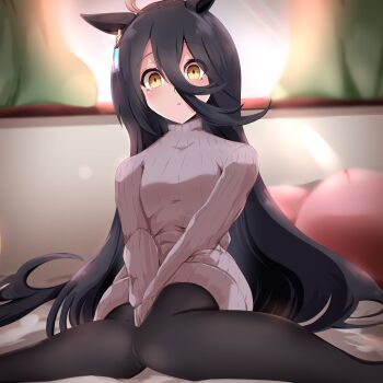 01_leesuke 1girl absurdres ahoge animal_ears black_hair black_pantyhose blush breasts ear_ornament ear_tag earrings grey_hair grey_sweater hair_between_eyes hand_between_thighs highres horse_ears horse_girl jewelry long_hair long_hair_between_eyes long_sleeves manhattan_cafe_(umamusume) multicolored_hair on_bed pantyhose parted_lips single_earring sitting small_breasts solo sweater turtleneck turtleneck_sweater umamusume very_long_hair wariza yellow_eyes