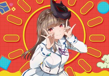 1girl absurdres blunt_bangs blush braid brown_hair closed_mouth collared_shirt crown_braid double_fox_shadow_puppet fox_mask fox_shadow_puppet hands_up heaven_burns_red highres jacket kiryuu_miya long_hair long_sleeves looking_at_viewer mask mask_on_head mole mole_under_eye neck_ribbon parody pleated_skirt purple_ribbon raito_taisha red_background red_eyes ribbon ribbon_trim school_uniform shirt skirt smile solo upper_body watashi_wo_tabetai_hitodenashi white_jacket white_shirt white_skirt