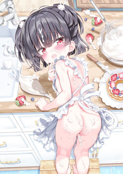 1girl apron ass barefoot bent_over black_hair blunt_bangs blunt_ends blush broken_egg cake commentary_request cream flat_chest food frilled_apron frills from_behind fruit furrowed_brow hair_ornament highres indoors kitchen ladder loli looking_at_viewer looking_back naked_apron nipples open_mouth original pastry_bag rabbit_hair_ornament red_eyes shizuki_ruriko short_hair sink solo stepladder strawberry suggestive_fluid takahashi_tetsuya two_side_up variant_set whisk white_apron