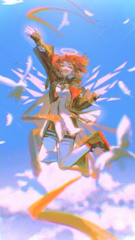 1girl absurdres arknights arm_up black_boots black_jacket blush boots commentary_request dress exusiai_(arknights) forehead halo highres jacket long_hair one_eye_closed open_clothes open_hand open_jacket open_mouth pink_halo red_hair sakiyo solo thighhighs white_dress white_thighhighs