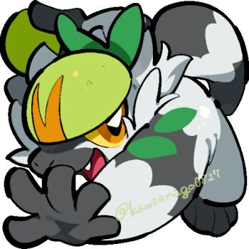 animal_focus chibi chibi_only colored_sclera commentary_request fang full_body gen_7_pokemon holding kawaanago lowres nintendo no_humans open_mouth orange_eyes passimian pokemon pokemon_(creature) pokemon_focus smile solo transparent_background twitter_username yellow_sclera