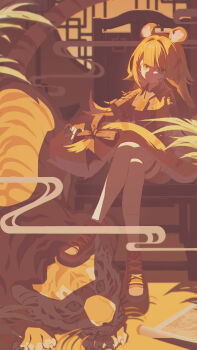 1girl 1other absurdres animal animal_ear_fluff animal_ears blonde_hair bow chair closed_mouth colored_inner_hair commentary_request crossed_legs full_body green_eyes grey_shirt high-waist_shorts highres hy_jinx indoors jacket ju_fufu long_hair looking_at_viewer medallion multicolored_hair on_chair orange_fur round_window scroll shadow shirt shorts sitting socks stepping_on_non-human striped_fur striped_hair tail tail_bow tail_ornament thigh_strap tiger tiger_ears tiger_girl tiger_stripes tiger_tail white_socks window yellow_jacket zenless_zone_zero