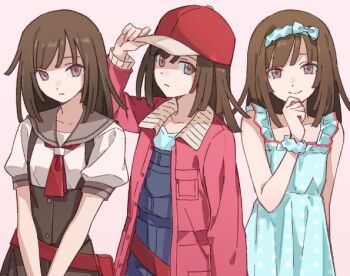 1girl adjusting_clothes adjusting_headwear blue_dress blue_scrunchie brown_eyes brown_hair brown_sailor_collar brown_skirt commentary_request dress hand_on_own_chin hat jacket long_sleeves looking_at_viewer monogatari_(series) multiple_views nanahyakuichi_middle_school_uniform neckerchief newsboy_cap pink_background red_hat red_jacket red_neckerchief sailor_collar school_uniform scrunchie sengoku_nadeko shirt short_sleeves simple_background skirt sleeveless sleeveless_dress smile sonnambulo777 suspender_skirt suspenders white_shirt wrist_scrunchie