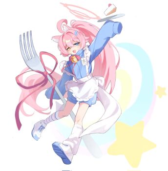 Rule 34 | 1girl, :d, ahoge, alternate costume, animal ear fluff, animal ears, apron, arm up, asymmetrical legwear, bell, blue archive, blue eyes, blue jacket, blush stickers, bow, bowtie, cake, cake slice, cat ears, fang, food, fork, frilled apron, frills, full body, hair flaps, hair ornament, hairclip, halo, hashtag-only commentary, heterochromia, highres, holding, holding fork, holding tray, hoshino (blue archive), imro 0000, jacket, jersey maid, kemonomimi mode, leg warmers, long hair, maid, mismatched legwear, neck bell, open mouth, orange eyes, parallel hairclips, pink hair, pink halo, ponytail, red bow, red bowtie, red ribbon, ribbon, shoes, sidelocks, single leg warmer, skin fang, sleeves past fingers, sleeves past wrists, smile, sneakers, socks, solo, striped clothes, striped socks, tray, unconventional maid, very long hair, white apron, white leg warmers, white shoes, white socks
