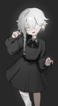 1girl absurdres bandaged_leg bandaged_neck bandages black_background black_dress black_ribbon black_shirt braid chocpocalypse collared_shirt colored_eyelashes commentary dress eyepatch gauze gauze_on_leg highres long_sleeves looking_at_viewer medical_eyepatch nail_polish neck_ribbon one_eye_covered open_mouth original pinafore_dress pink_nails puffy_long_sleeves puffy_sleeves ribbon shirt simple_background single_braid sleeveless sleeveless_dress smile solo white_eyes white_hair