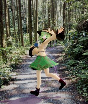 1girl bow buttons collared_shirt commentary_request diamond_button floral_print frilled_shirt_collar frilled_sleeves frills from_side full_body furui glowing glowing_eyes green_eyes green_hair green_skirt hair_between_eyes hat hat_bow hat_ribbon heart heart_of_string highres komeiji_koishi long_sleeves looking_at_viewer mikumikudance_(medium) open_mouth photo_background ribbon rose_print shirt skirt sleeves_past_wrists solo third-party_source third_eye touhou wide_sleeves yellow_ribbon yellow_shirt