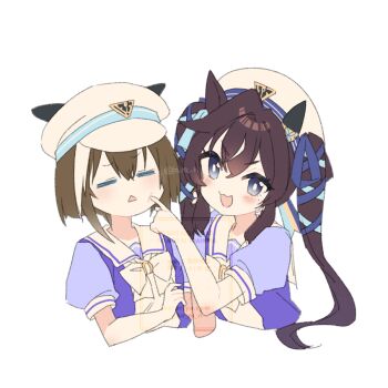 2girls :< :d beret blue_hair blue_ribbon blush brown_hair cheek_poking cheval_grand_(umamusume) closed_eyes commentary_request cropped_torso hair_ribbon hat koruri multicolored_hair multiple_girls open_mouth parted_lips peaked_cap poking puffy_short_sleeves puffy_sleeves purple_shirt ribbon school_uniform shirt short_sleeves simple_background smile streaked_hair tracen_school_uniform triangle_mouth twintails umamusume upper_body vivlos_(umamusume) watermark white_background white_hair white_hat