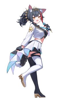 1girl :3 :d absurdres alternate_costume animal_ear_fluff animal_ears black_gloves black_hair black_thighhighs breasts commentary_request deaver fingerless_gloves gloves high_heels highres holding holding_microphone hololive medium_breasts microphone multicolored_hair ookami_mio open_mouth red_streaks shirt shoes sideboob skirt smile solo streaked_hair tail thighhighs virtual_youtuber white_background white_shirt white_skirt white_thighhighs wolf_ears wolf_girl wolf_tail yellow_eyes yellow_shoes