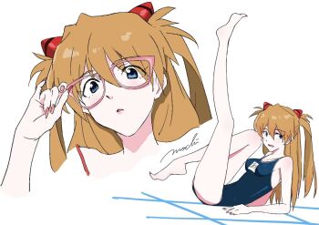1girl artist_request bare_legs barefoot blue_eyes blue_one-piece_swimsuit breasts brown_hair fingernails full_body glasses highres lips long_hair lying multiple_views neon_genesis_evangelion on_back one-piece_swimsuit simple_background smile solo souryuu_asuka_langley swimsuit two_side_up upper_body white_background wide_hips