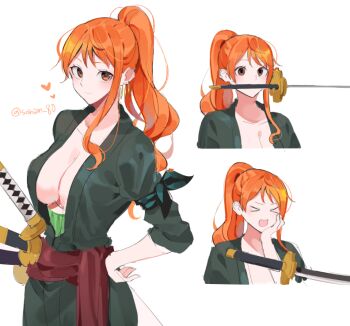 1girl bandaged_arm bandages breasts cleavage cosplay earrings jewelry joman large_breasts long_hair multiple_views nami_(one_piece) no_bra one_piece orange_eyes orange_hair ponytail roronoa_zoro roronoa_zoro_(cosplay) sequential sword weapon