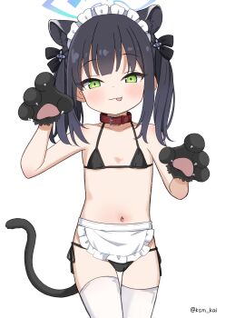 1girl :p absurdres alternate_costume animal_collar animal_ear_fluff animal_ears animal_hands apron artist_name bare_arms bare_shoulders bikini black_bikini black_gloves black_hair black_ribbon black_tail blue_archive blue_halo blush cat_ears cat_girl cat_tail claw_pose closed_mouth collar cowboy_shot dot_nose flat_chest frilled_apron frills gloves green_eyes hair_ornament hair_ribbon halo hands_up highres kashima_(ksm_kai) kemonomimi_mode loli looking_at_viewer lowleg lowleg_bikini maid maid_apron maid_bikini maid_headdress medium_hair micro_bikini navel paw_gloves red_collar ribbon shun_(blue_archive) shun_(small)_(blue_archive) side-tie_bikini_bottom simple_background solo standing stomach straight-on string_bikini swimsuit tail tail_raised thigh_gap thighhighs tongue tongue_out tsurime twintails twitter_username unconventional_maid waist_apron white_apron white_background white_thighhighs