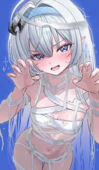 1girl absurdres ahoge bandages blue_background blue_eyes blush breasts claw_pose collarbone commentary cowboy_shot fang fangs female_tyrant_(stella_sora) fingernails grey_hair hair_between_eyes hair_ornament hands_up highres long_hair looking_at_viewer mummy_costume naked_bandage navel open_mouth pointy_ears simple_background small_breasts solo sparkle sparkling_aura stella_sora stomach sweat symbol-shaped_pupils torn_bandages tyrant_(stella_sora) very_long_hair white_hair yamu_(yamu_030)