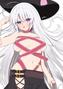 1girl absurdres ahoge arm_at_side ayachi_nene bare_arms belt belt_bra black_hat black_shirt blush breasts breasts_apart commentary_request cowboy_shot eyes_visible_through_hair grey_hair hair_between_eyes hair_spread_out hand_up hat highres huge_ahoge large_breasts long_hair looking_at_viewer lying navel on_back open_mouth pink_belt pleated_skirt purple_eyes raised_eyebrows sanoba_witch shirt sidelocks simple_background skindentation skirt solo stomach tanizaki1027 unworn_hat unworn_headwear very_long_hair white_background witch_hat