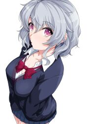 Rule 34 | 1girl, ahoge, bad source, black sweater, blue skirt, bow, bowtie, breasts, cleavage, collarbone, collared shirt, from above, grey hair, haruhisky-chan, highres, indie virtual youtuber, large breasts, long sleeves, looking at viewer, purple eyes, red bow, red bowtie, school uniform, shirt, short hair, simple background, skirt, solo, standing, sweater, virtual youtuber, white background, white shirt