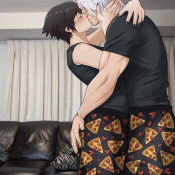 1boy 1girl artist_name black_hair black_nails blush casual couple dante_(devil_may_cry) devil_may_cry_(series) devil_may_cry_5 food jumpoon kiss lady_(devil_may_cry) photo_background pizza signature tall_male white_hair