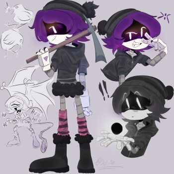 1girl bat_wings beanie_hat boots choker glitch_productions hat highres hood hoodie murder_drones pickaxe purple_eyes purple_hair robot striped_legwear suwu_uuu uzi_(murder_drones) wings