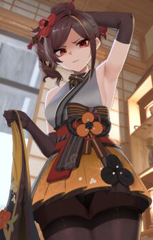 Rule 34 | 1girl, absurdres, arm up, armpits, bare shoulders, black gloves, black pantyhose, breasts, brown eyes, brown hair, chiori (genshin impact), cowboy shot, disgust, elbow gloves, genshin impact, gloves, grey kimono, hair ornament, highres, holding, indoors, japanese clothes, kimono, looking at viewer, medium breasts, miniskirt, nvl, obi, pantyhose, pleated skirt, red sash, sash, scowl, short hair, sideboob, sidelocks, skirt, sleeveless, sleeveless kimono, solo, standing, thighband pantyhose, v-shaped eyebrows, yellow skirt