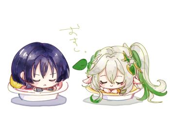 1boy 1girl :&gt; :&lt; asymmetrical_sidelocks blunt_ends closed_eyes closed_mouth cup dry_eyes eyelashes facing_viewer genshin_impact green_hair hair_ornament half_crown_braid heart heart_hair_ornament highres in_container in_cup leaf leaf_hair_ornament long_hair multicolored_hair nahida_(genshin_impact) pointy_ears purple_hair scaramouche_(genshin_impact) side_ponytail sidelocks streaked_hair translation_request white_background white_hair wispy_bangs