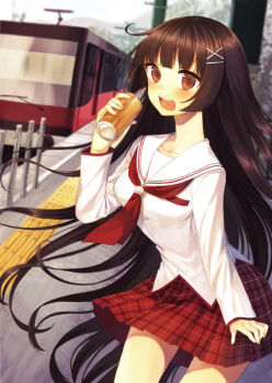1girl bad_anatomy bad_neck blush bollard breasts brown_eyes brown_hair cable_car can commentary_request cowboy_shot hair_ornament hairclip holding holding_can long_hair long_sleeves looking_at_viewer medium_breasts midorikawa_you neckerchief odakyu_hakone open_mouth original outdoors plaid_clothes plaid_skirt pleated_skirt red_neckerchief red_skirt sailor_collar school_uniform serafuku shirt single_sleeve_past_wrist skirt solo standing tactile_paving teeth top_of_moe_2013 train train_station_platform upper_teeth_only very_long_hair white_sailor_collar white_shirt x_hair_ornament