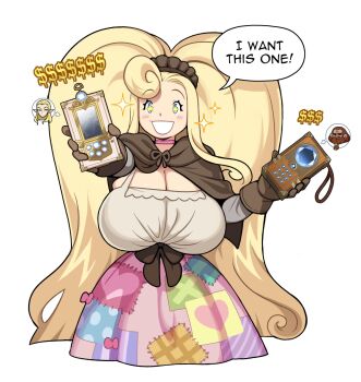 1girl 2boys blonde_hair blue_eyes breasts cape cleavage english_text facing_viewer glitter_and_gold highres honey_(glitter_and_gold) huge_breasts long_hair looking_at_viewer multiple_boys original patchwork_clothes simple_background smile solo_focus star-shaped_pupils star_(symbol) straight-on symbol-shaped_pupils very_long_hair white_background