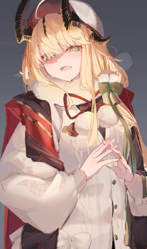 Rule 34 | 1girl, absurdres, arknights, bell, black horns, blonde hair, bow, breath, brown hat, buttons, cardigan, commentary, eyes visible through hair, fang, green bow, green eyes, grey background, hair bell, hair bow, hair ornament, hat, highres, horns, light blush, long hair, long sleeves, looking at viewer, lycoris-fullbloom, multicolored eyes, official alternate costume, open mouth, own hands together, pom pom (clothes), red ribbon, reed (arknights), reed the flame shadow (arknights), reed the flame shadow (glowing flame in the night) (arknights), ribbon, skin fang, solo, sweat, two-tone eyes, upper body, white cardigan, white hat, yellow eyes