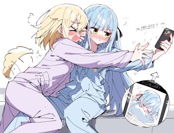 2girls absurdres animal_ears bang_dream! bang_dream!_it's_mygo!!!!! blonde_hair blue_hair blue_pajamas blue_pants blue_shirt blush cellphone closed_eyes commentary dog_ears dog_girl dog_tail hair_ribbon hand_on_another's_face highres holding holding_phone kemonomimi_mode long_hair long_sleeves medium_hair misumi_uika multiple_girls open_mouth pajamas pants phone purple_pajamas purple_pants purple_shirt ribbon shirt sidelocks simple_background smartphone symbol-only_commentary tail togawa_sakiko white_background yellow_eyes zhanzhangzlw
