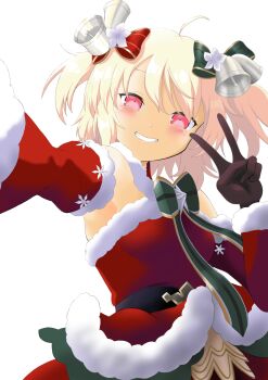 1girl absurdres ajikeneko bare_shoulders bell blush breasts character_request christmas commentary_request copyright_request dress highres parted_lips pink_hair red_dress santa_costume santa_dress selfie short_hair simple_background smle solo twintails v white_background