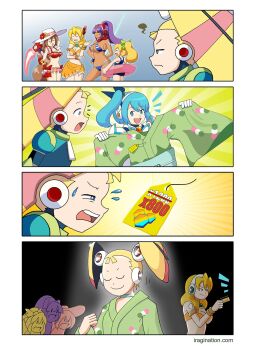 4koma 5girls alia_(mega_man) bikini blonde_hair blue_eyes blue_hair comic dark-skinned_female dark_skin energy_sword green_eyes hat headgear high_ponytail highres iragination iris_(mega_man) japanese_clothes kimono layer_(mega_man) lightsaber long_hair mega_man_(series) mega_man_x_(series) mega_man_x_dive multiple_girls open_mouth pallette_(mega_man) ponytail price_tag rico_(mega_man) robot_ears scythe smile sun_hat swimsuit sword weapon yukata