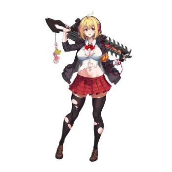 Rule 34 | 1girl, ahoge, black jacket, black thighhighs, blonde hair, blush, bow, bowtie, breasts, breasts apart, brown shoes, cellphone, chainsaw, chainsword, charm (object), checkered clothes, checkered skirt, collared shirt, donut, flower, food, frog, full body, fur-trimmed jacket, fur trim, haru estia, headphones, heart, highres, holding, holding phone, holding sword, holding weapon, impossible clothes, impossible shirt, jacket, large breasts, last origin, legs apart, linea alba, listening to music, looking to the side, mary janes, miniskirt, navel, non-web source, official alternate costume, official art, open clothes, open jacket, open mouth, patch, phone, pink flower, pleated skirt, red bow, red bowtie, red skirt, shirt, shoes, short hair, sidelocks, simple background, skindentation, skirt, smartphone, smile, solo, soulworker, standing, sword, sword on back, tachi-e, teeth, thighhighs, tongue, torn clothes, torn shirt, torn thighhighs, transparent background, u-rix, upper teeth only, weapon, weapon on back, white shirt, zettai ryouiki