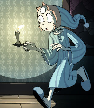 1girl :o candle discount-supervillain fire forehead_jewel gem gem_(steven_universe) hat highres nightgown pearl_(gemstone) pearl_(steven_universe) pointy_nose short_hair slippers solo steven_universe toon_(style) victorian walking