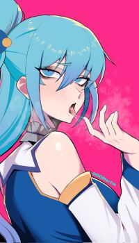 1girl aqua_(konosuba) bare_shoulders black_eyeshadow blue_dress blue_eyes blue_hair blush breasts breath choker commentary detached_sleeves dress english_commentary eyelashes eyeshadow finger_to_mouth frilled_choker frills from_side hair_between_eyes half-closed_eyes hand_up highres kono_subarashii_sekai_ni_shukufuku_wo! large_breasts long_hair looking_at_viewer makeup nose oomartm open_mouth pink_background ponytail saliva saliva_trail shirt sidelocks simple_background solo teeth tongue twitter_username upper_body upper_teeth_only white_choker white_shirt