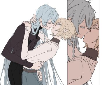 2boys black_pants blonde_hair blue_eyes blue_hair brown_shirt closed_eyes eichi_turnr ensemble_stars! eye_contact grey_eyes hibiki_wataru highres kiss long_hair looking_at_another male_focus multiple_boys pants parted_lips shirt short_hair simple_background smile sweater tenshouin_eichi very_long_hair white_background white_sweater yaoi