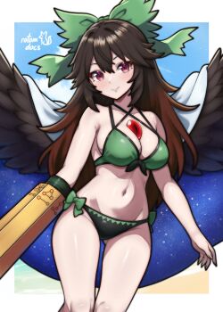 1girl absurdres arm_cannon bikini black_wings bow breasts brown_hair cape capelet chest_eye closed_mouth commentary commission control_rod_(touhou) cowboy_shot english_commentary feathered_wings green_bikini green_bow groin hair_between_eyes hair_bow highres large_breasts long_hair looking_at_viewer navel purple_eyes reiuji_utsuho rotomdocs signature smile solo starry_sky_print swimsuit touhou two-sided_cape two-sided_fabric very_long_hair weapon white_capelet wings
