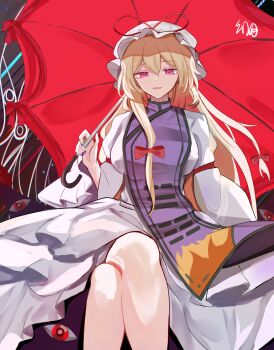 1girl blonde_hair breasts commentary crossed_legs dress floating_hair gap_(touhou) hair_ribbon hat highres holding holding_umbrella large_breasts legs light_smile long_hair long_sleeves looking_at_viewer mob_cap nail_polish paraselene parted_lips purple_eyes purple_nails purple_tabard red_eyes ribbon signature sitting solo tabard touhou umbrella white_dress yakumo_yukari