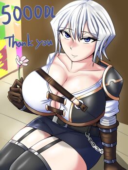 Rule 34 | 1girl, banamei, blue eyes, blush, breasts, celebration, dragon conqueror, garter belt, garter straps, gloves, highres, large breasts, light blush, looking at viewer, milestone celebration, official art, outdoors, reiri (banamei), smile, solo, solo focus, thank you, tomboy, white hair
