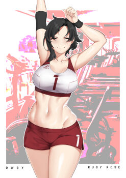 >:) 1girl armpits arms_up black_hair blush breasts character_name closed_eyes closed_mouth clothes_writing commentary copyright_name cowboy_shot dolphin_shorts elbow_pads english_commentary facing_viewer female_focus highres large_breasts lulu-chan92 navel red_shorts ruby_rose rwby short_hair short_shorts shorts smile solo sports_bra stomach stretching sweatband toned treadmill