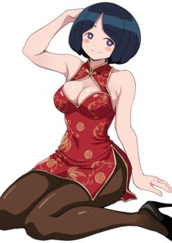 1girl black_hair black_shoes blue_eyes blush_stickers bob_cut breasts brown_pantyhose china_dress chinese_clothes cleavage_cutout clothing_cutout commentary_request covered_navel dress floral_print gundam gundam_gquuuuuux high_heels large_breasts looking_at_viewer mature_female pantyhose ponzu_rui print_dress red_dress shiiko_sugai shoes short_hair sitting sleeveless sleeveless_dress smile solo