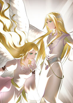 1boy 1girl absurdres blonde_hair brother_and_sister circlet closed_mouth commentary_request fire_emblem fire_emblem:_path_of_radiance green_eyes highres leanne_(fire_emblem) long_hair nintendo reyson_(fire_emblem) siblings to6tama white_wings wings