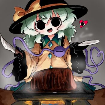 Rule 34 | 1girl, black eyes, black gloves, black hat, bow, buttons, commentary, diamond button, eyeball, food, frilled shirt collar, frilled sleeves, frills, gloves, green hair, green skirt, griddle, hat, hat bow, hat ribbon, heart, heart of string, heripantomorrow, holding, holding knife, holding plate, knife, komeiji koishi, meat, plate, ribbon, shirt, skirt, smile, third eye, touhou, untranslatable commentary, yellow bow, yellow ribbon, yellow shirt
