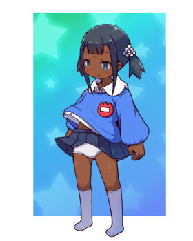 1girl bindi black_hair blue_eyes dark-skinned_female dark_skin female_focus kindergarten_uniform loli lowres omunikin original panties short_twintails skirt smile socks solo twintails underwear white_panties